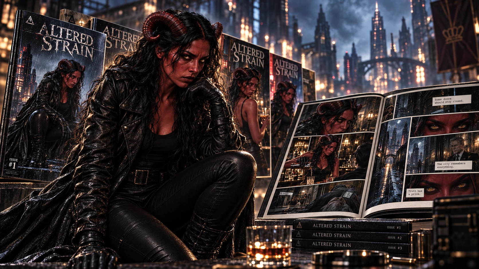 Promotional showcase image for Altered Strain comics, featuring Sable Vey surrounded by issue covers and open comic pages in noir Londinium.