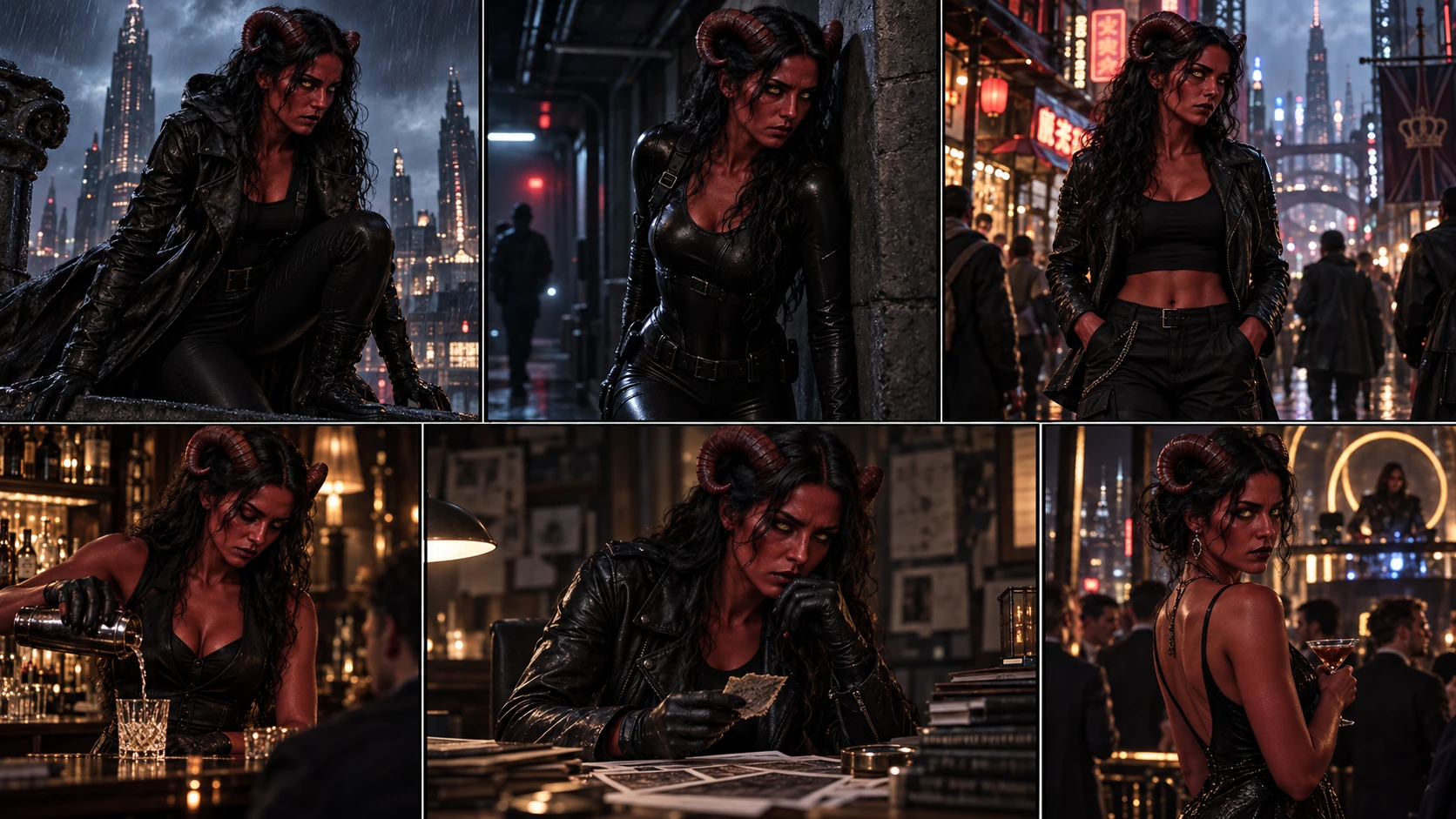Concept art of Sable Vey, a Crimsonskin coroner, against the rain-lit architecture of Londinium.