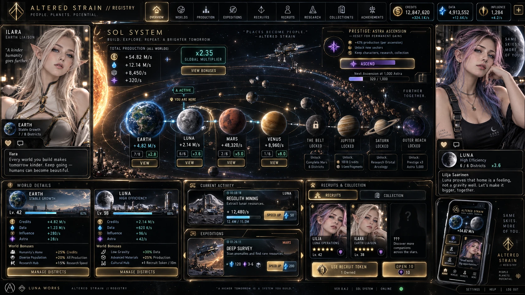 Development concept showing an Altered Strain Solar System dashboard with multiple worlds, progression panels and a broader system-level view.