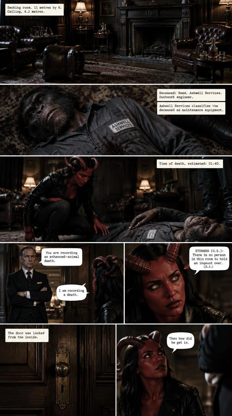 Development comic page from The Coroner showing Sable investigating a death inside an old Londinium interior.